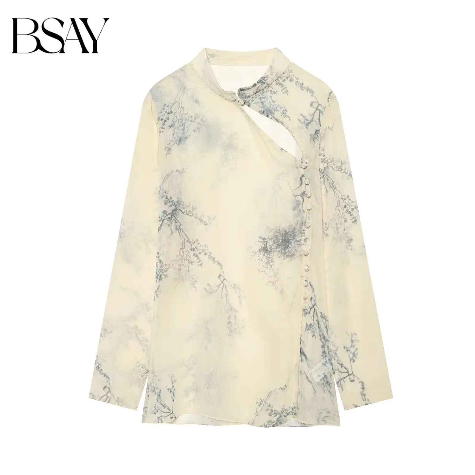 BSAY 2026 Women Ink Floral Print Stand Collar Blouse Asymmetric Cutout Frog Buttons Long Sleeve Elegant New Chinese Style Shirt
