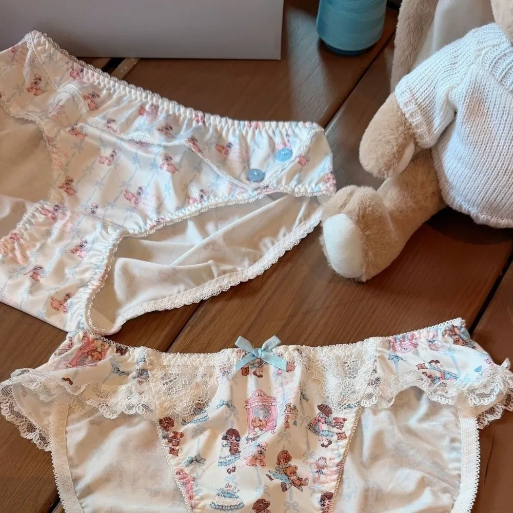 Underwear Bow Doll Print Panties Kawaii Lace Lolita Style Panties Milk Fiber Cotton Crotch Sweet Ruffle Briefs Women