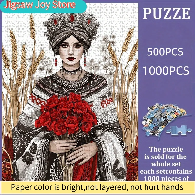 

Пазл 500/1000 элементов, DIY бумажный пазл, Женский портрет в украинском стиле, Букет роз, Пшеница, Утолщенный белый картон, Sui