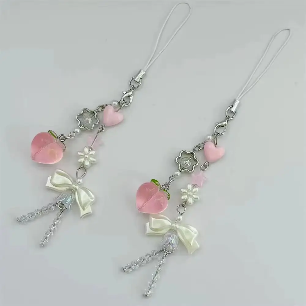 

Модный розовый кулон для телефона Y2K персиковый милый бант из бисера милый брелок для девочек ручной работы для iPhone камера автомобильный брелок для ключей