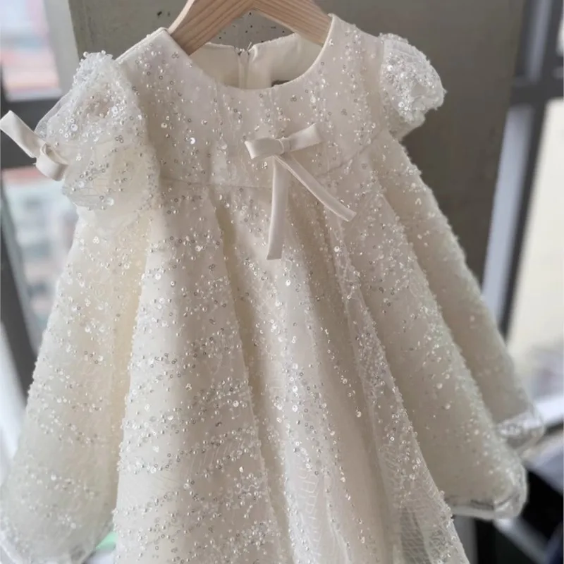 Baby Girl Princess paillettes Tulle Dress Infant Toddler Boutique Bow Vestido Puff Sleeve Party Pageant compleanno vestiti per bambini 1-7Y