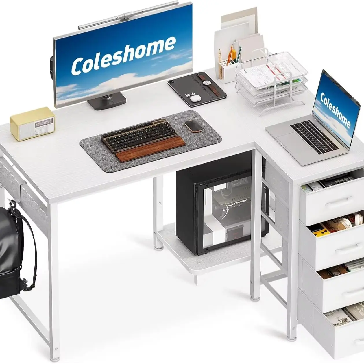 Coleshome Eckschreibtisch, Schreibtisch L Form mit 4 Schubladen, Umkehrbarer Computertisch for Büro Arbeitszimmer Schlafzimmer,  100x70cm, Weiß