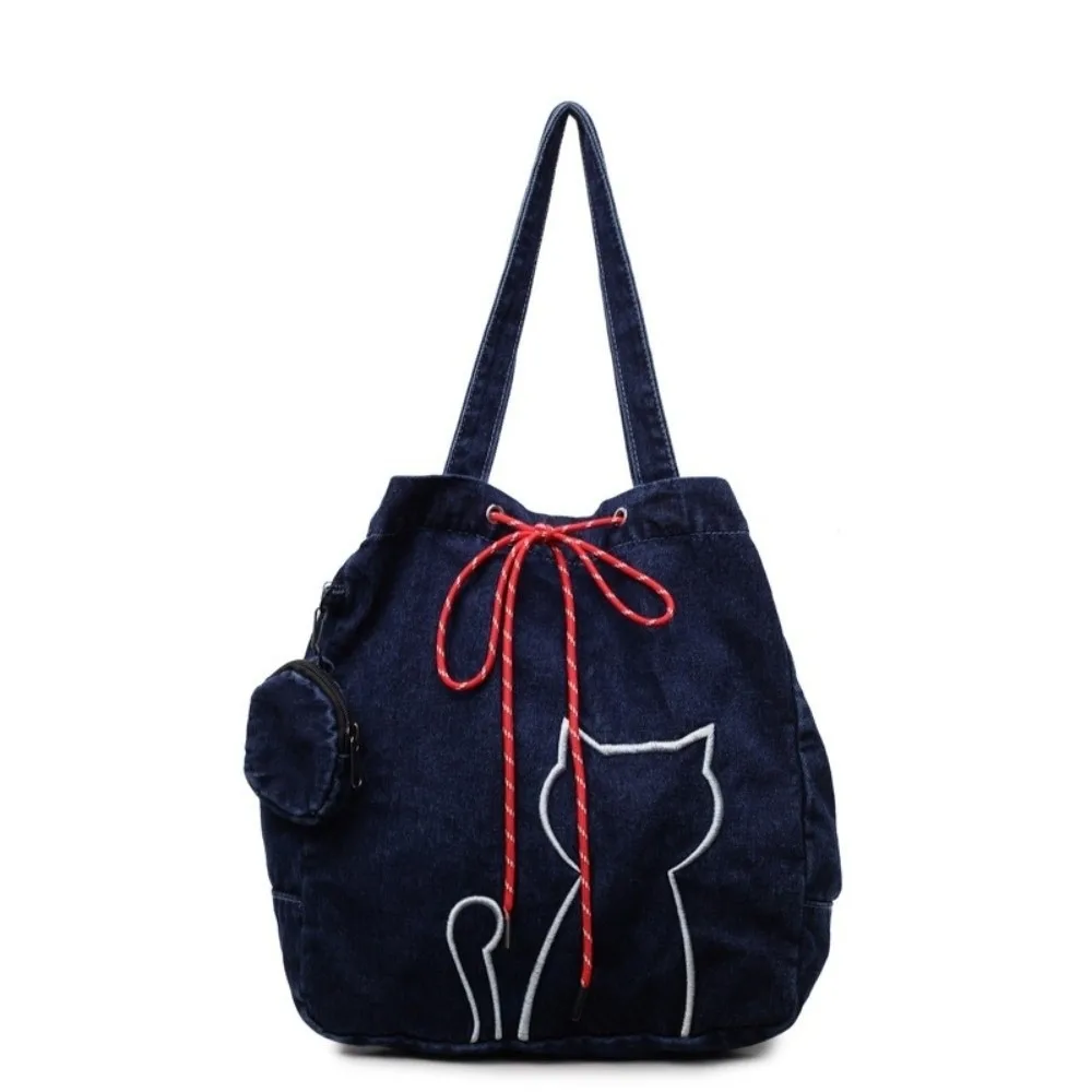 

Stylish Vintage Women Tote Bags Y2k Harajuku Kitty Shoulder Bags Large-capacity Denim Drawstring Bag Commuting
