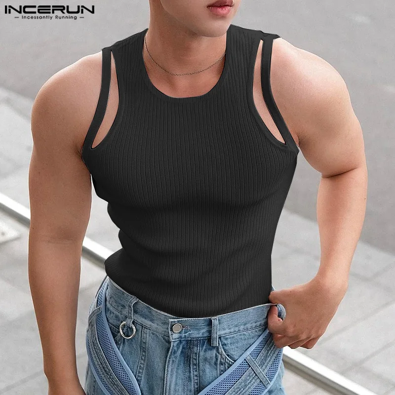 2023 Men Tank Tops Solid Color O-neck Sleeveless Hollow Out Vests Streetwear Fitness Fashion Casual Men Clothing S-5XL INCERUN