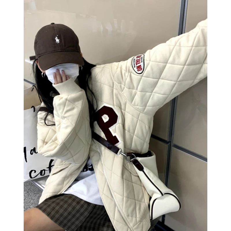 Women Beige Short Down Jacket Solid Letter Embroidery Fashion Y2K American Thicken Feather Duck Down Female Winter Brown Outwear