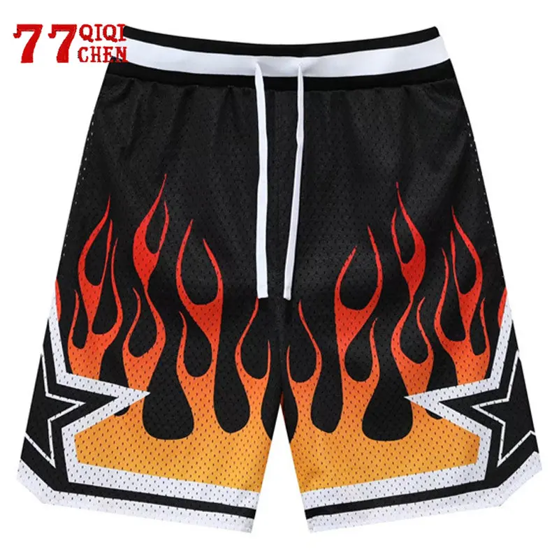 Mens Casual Shorts Mesh Breathable Flame Print Elastic Waist Short Fashion Loose GYM Basketball Sports Pants Unisex Streetwear