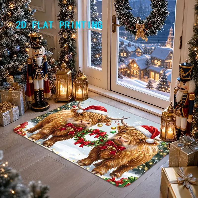 VIKAMA Xmas Highland Cow Doormat 2 Cows Santa Hat Wreath Skid Resistant Front Door Welcome Rug Seasonal Xmas Decor Cozy