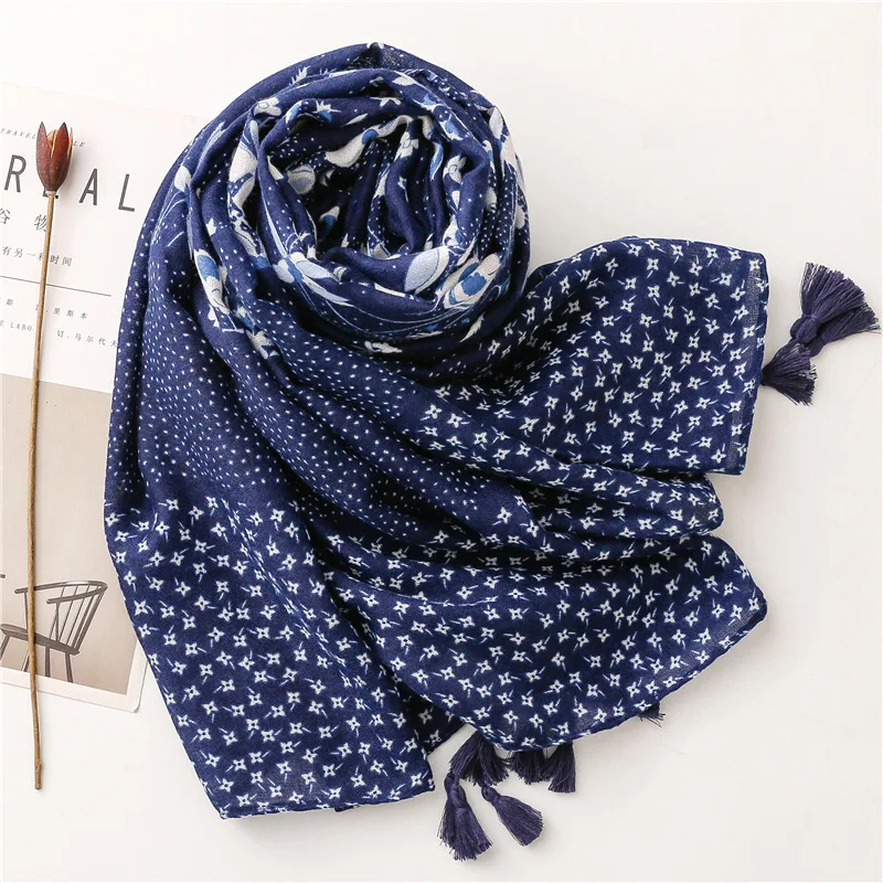 Sciarpa con nappe in viscosa di cotone stampato blu per mamma scialle lungo per donna Hijab musulmano da donna fascia per capelli Casual 180*88cm