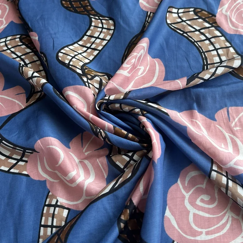 1 meter 55% Mulberry Silk 45% Cotton 12 momme Blue with Pink Floral Printed Fabric 135cm 53\