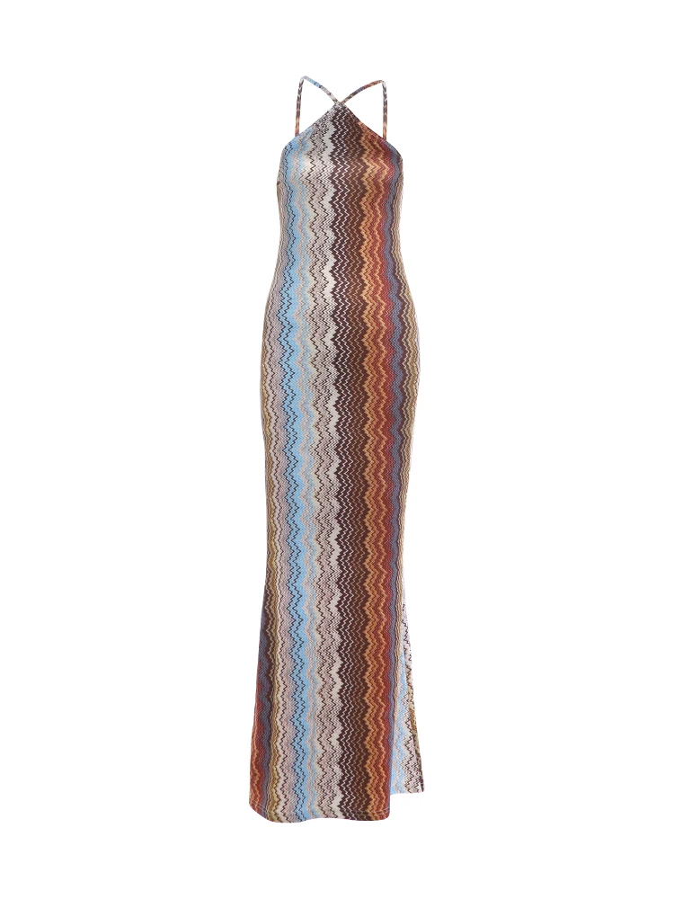 Weird Puss, farbenfrohes, langes Kleid für Damen, Sommer-Trend, Neckholder, schulterfreies Design, rückenfreies Modell, ideal für Urlaub, Strandpartys, eleganter Stil, Vestidos. – Detail 2