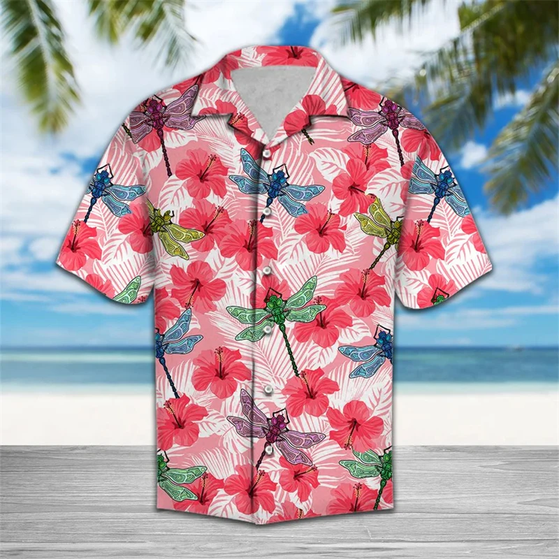 

Fashion Dragonfly Pattern Hawaiian Shirts Summer Casual Beach Vacation 3D Printed Lapel Shirt Loose Streetwear Button Blouses