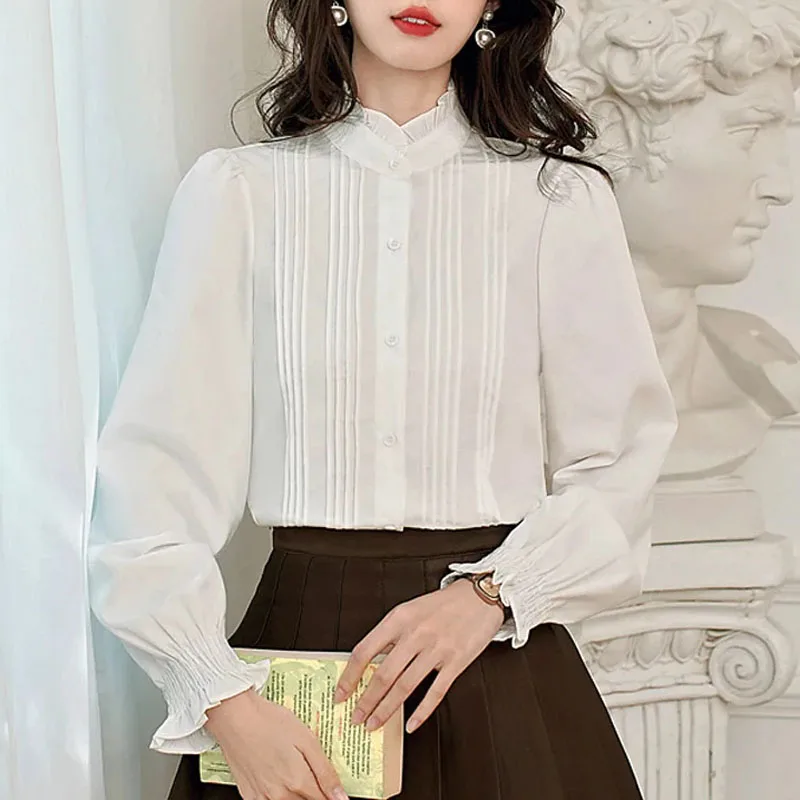 

Fashion Vintage Long Sleeve Stand Collar Autumn Women Shirt White Shirt Chiffon Blouse Women Tops Camisas De Mujer Blusas N423
