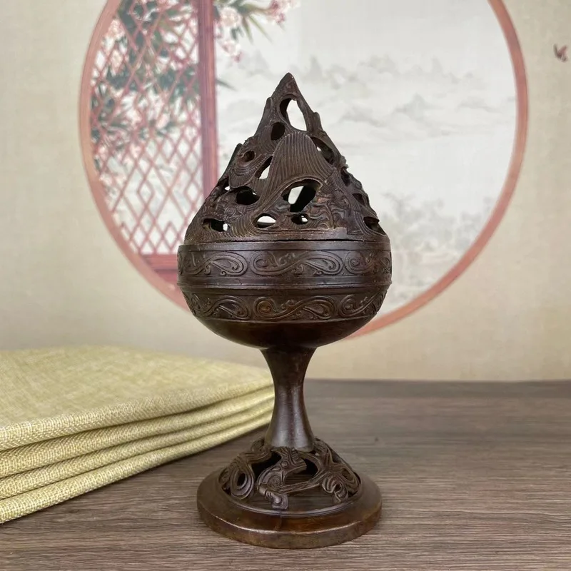 Vintage pure brass hollowed-out Boshan incense burner, Chinese-style indoor ornament, sandalwood and agarwood incense burner cra