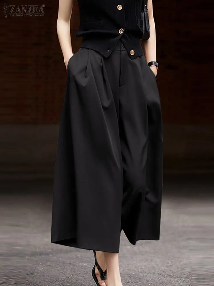 

ZANZEA Women Office Pocket Suit Pants Casual Loose Wide Leg Pant Korean Fashion Trousers 2024 Summer Vintage High Waist Pantalon