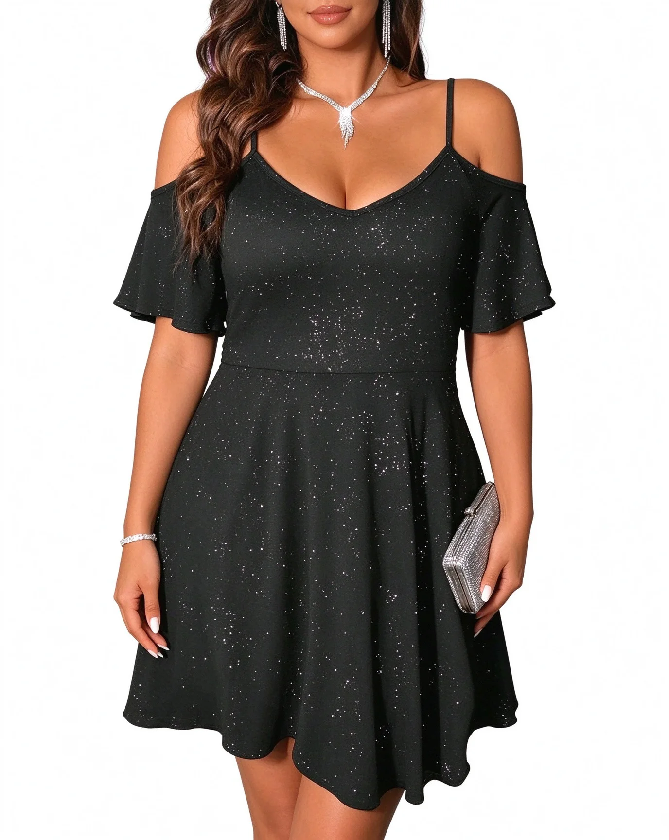 Women Sultry Cold Shoulder Glitter Spaghetti Strap Dress, European American Style Slim Waist Flare Mini Party Dress