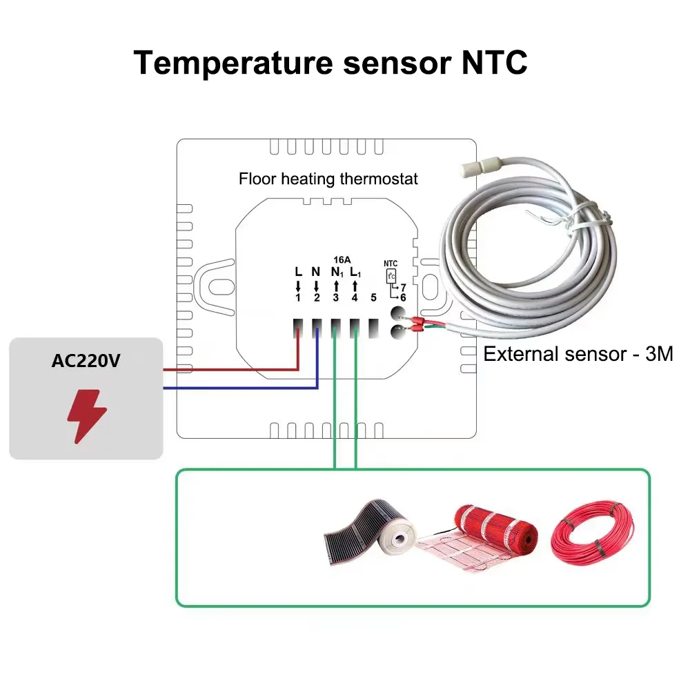 NTC 10K Indoor 3-Meter Cable Floor Heating Sensor, Temperature Controller, Waterproof Probe