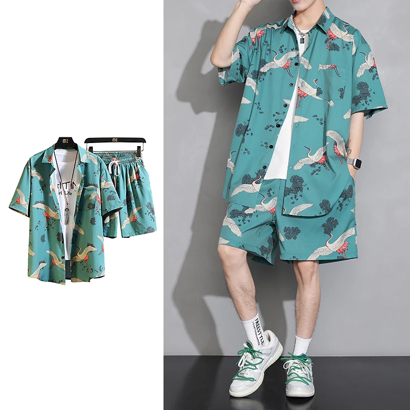 LAPPSTER Y2k Crane Print Shirts Harajuku Tracksuits 2023 Summer Vintage Button Up Short Sleeve Shirts Korean Suit Set Shorts