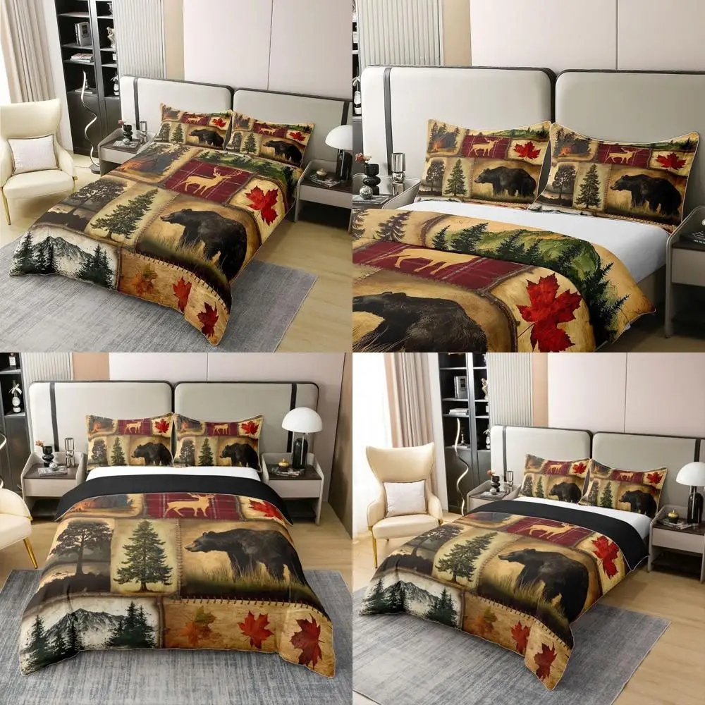 

King Size Rustic Cabin Bedding Set: 100% Cotton Duvet Cover with Deer and Bear, Maple Leaves, Pine Trees, Red Brown 3-Piece