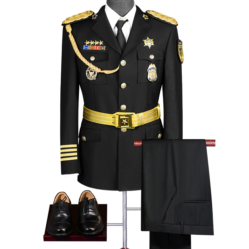 Roupa preta uniforme padrão para homens, Traje formal americano, Terno uniforme de guarda de segurança de alta qualidade, venda quente