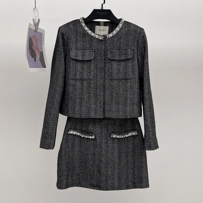 High Quality Small Fragrance Wool Blend Autumn Winter Two-piece Set Women O Neck Diamond Jacket + Mini Skirt Tweed Two-piece Set