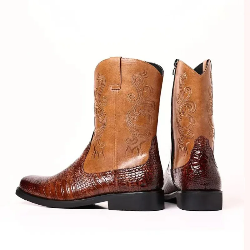 Embroidery Men's Boots Retro Cowboy Boots New PU Leather Western Boots British Style Work Riding Boot Zipper Mid-Calf Boot 2026 view 4