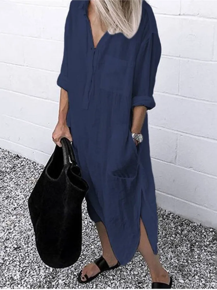 El nuevo vestido camisero con abertura de Color sólido, moda de otoño para mujer, vestido camisero sencillo holgado largo con botones y bolsillos, ropa informal femenina
