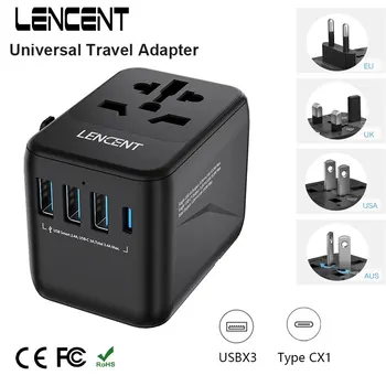 LENCENT 범용 여행용 어댑터, USB 포트 3 개, 1Type-C PD 충전, 올인원 여행용 어댑터, EU, UK, USA, AUS 플러그