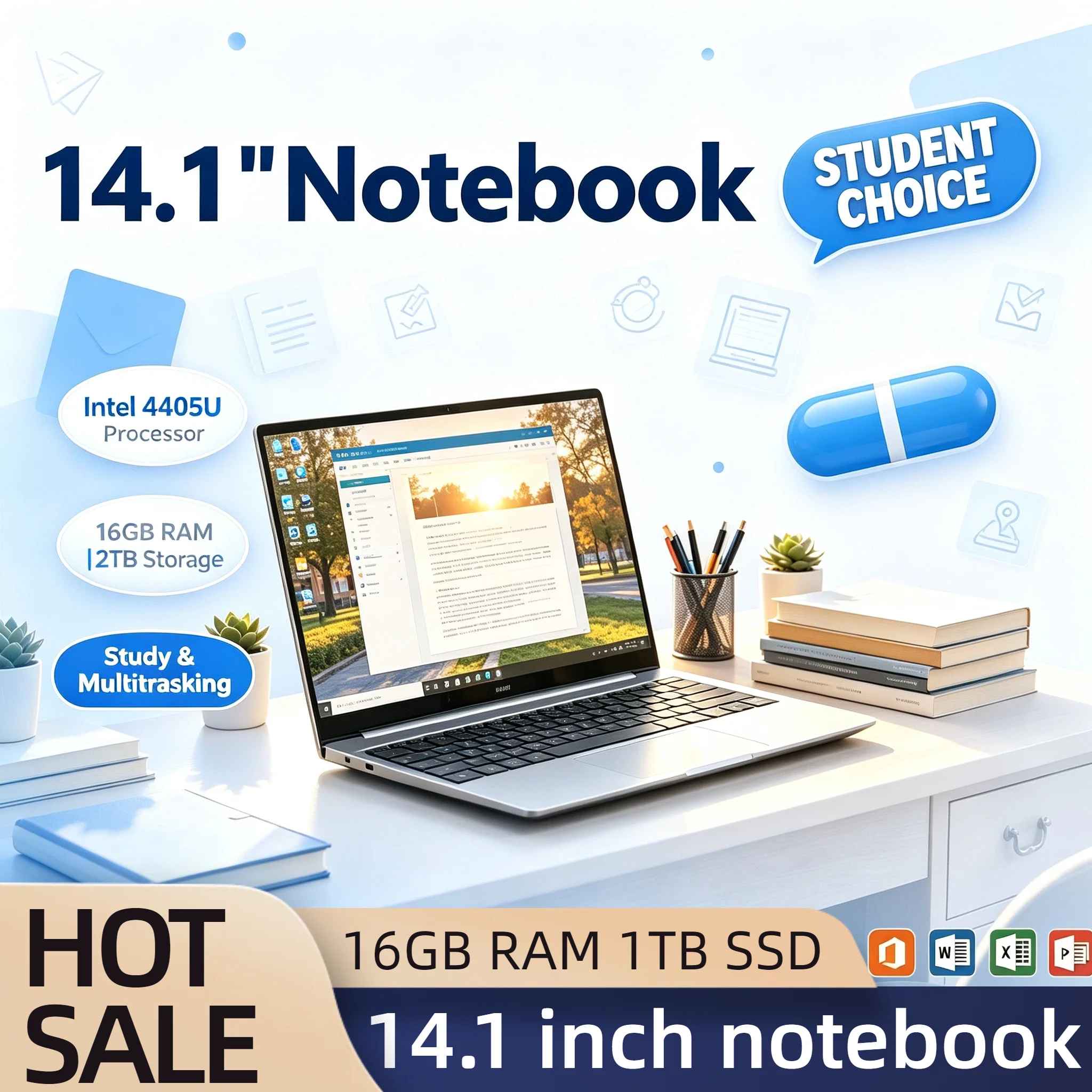 Ultra Slim 14.1 Inch Laptop Intel Pentium 4405U 2.1GHz 2C4T 16GB DDR4 2TB SSD 1920x1080 Gaming Office Study PC Ultra Pro Elite
