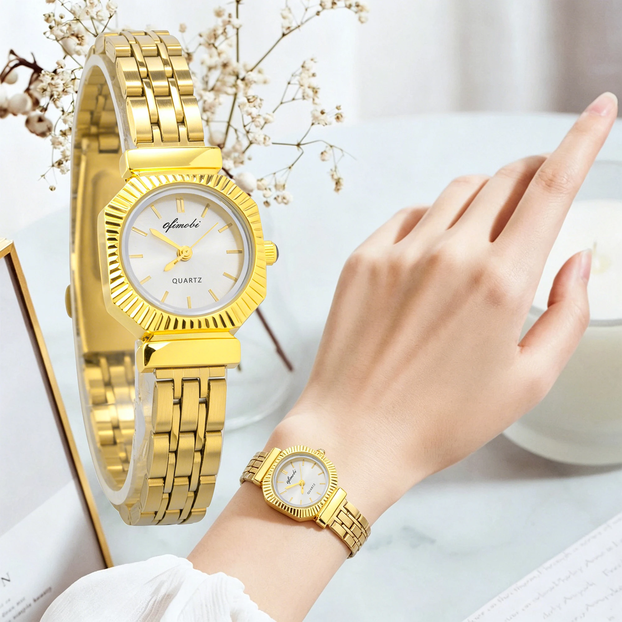 Minimalist Women's Quartz Watch 22.3mm Small Size Fluted Bezel Stainless Steel Band 30M Waterproof Casual Wristwatch
