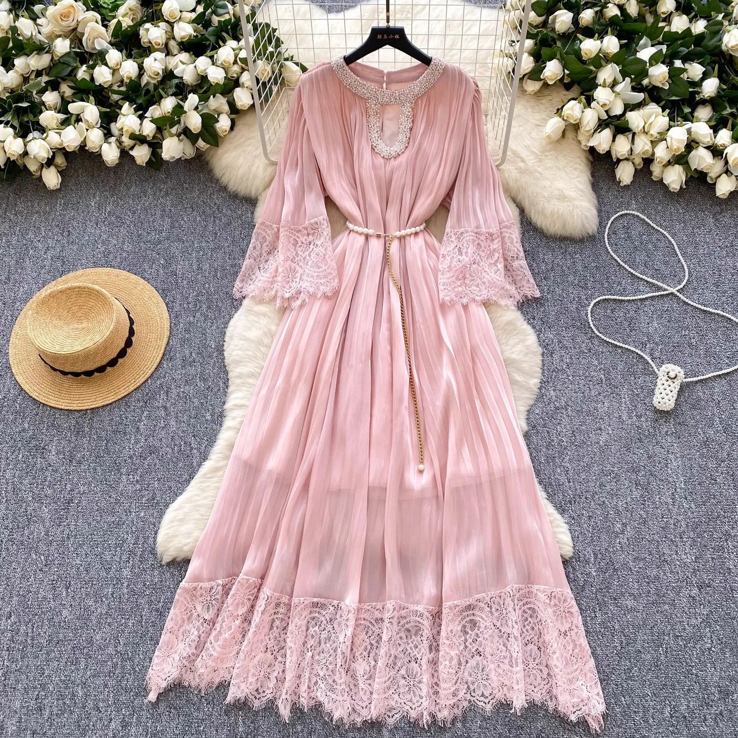 Sukienka damska z luźnym krojem, zdobiona koralikami, koronką i patchworkiem, elegancka, z dekoltem typu O, w stylu vintage, odzież uliczna, na wakacje, imprezę, sukienki bodycon.