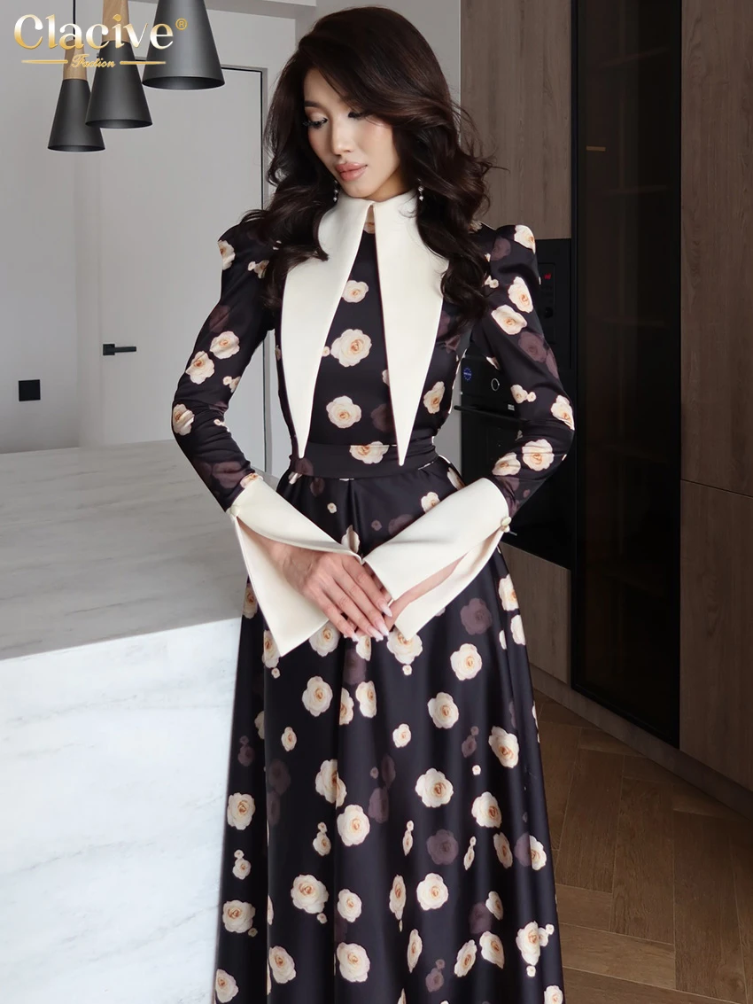 Clacive Fashion Slim Print Women's Dress Autumn Lapel Long Sleeve Ankle Length Dresses Elegant Classic High Waist Female Dress view 5