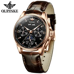 OUPINKE 3189 Top Brand Luxury Watch For Men Chronograph Automatic Mechanical Wristwatch Leather Band Waterproof Moon Phase Clock