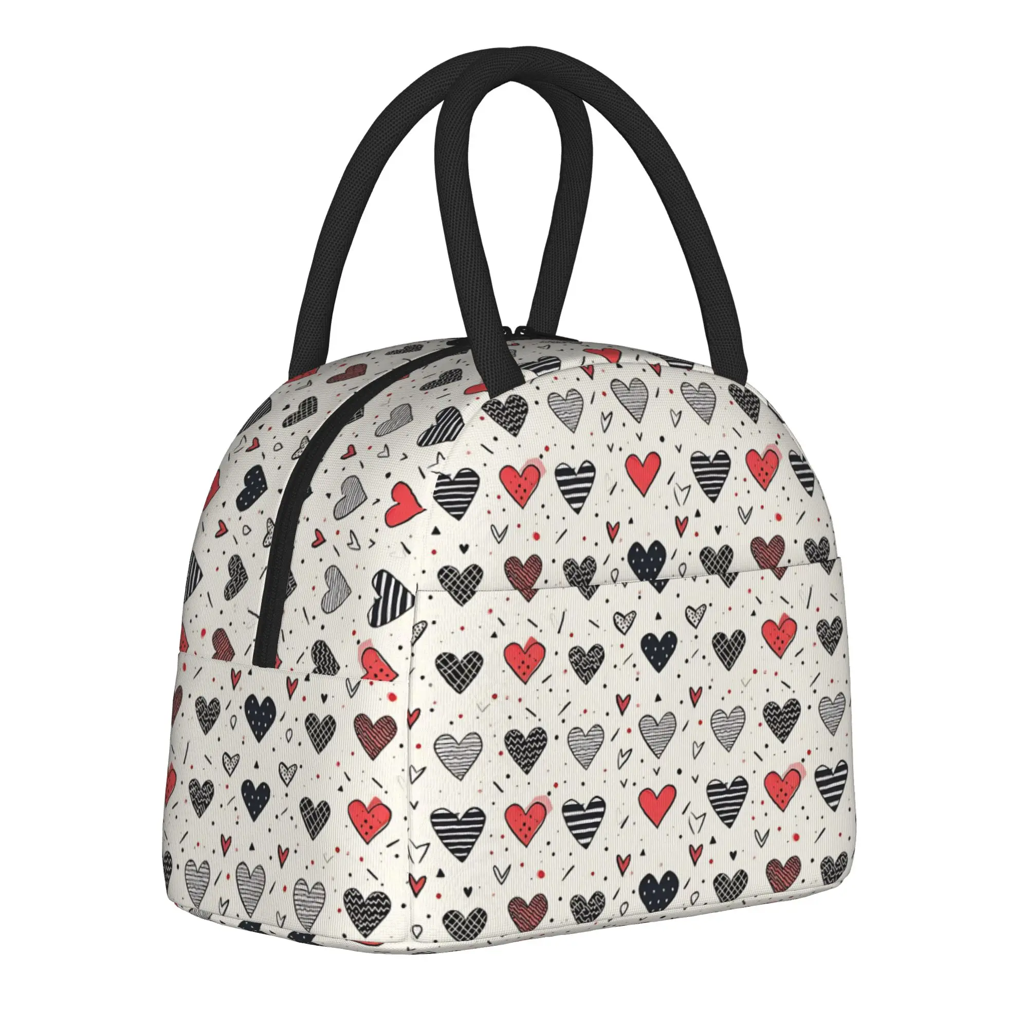 Hand Drawn Love Pattern Hearts Pattern Insulated Lunch Bags Thermal Bag Reusable,Lunch Container  High Capacity Tote Lunch Box