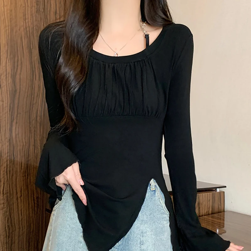 Casual Black Halter T-shirts Plus Sized Spring Autumn O-neck Full Sleeve Slit Women Blouse Solid Color Oversized Ladies Tees