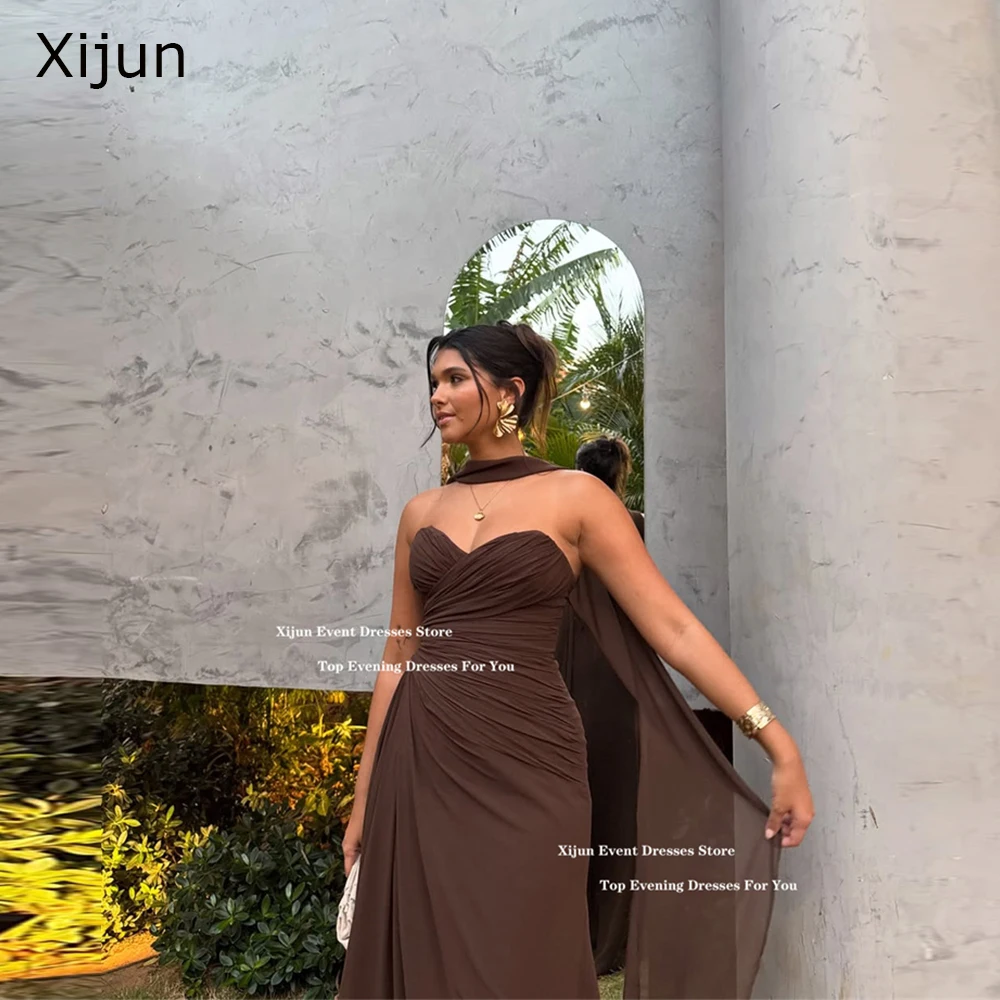 Xijun Simple Brown Chiffon Evening Dresses Sweetheart Sleeveless Scarf Long Prom Dresses Pleated Formal Prom Gown Customized