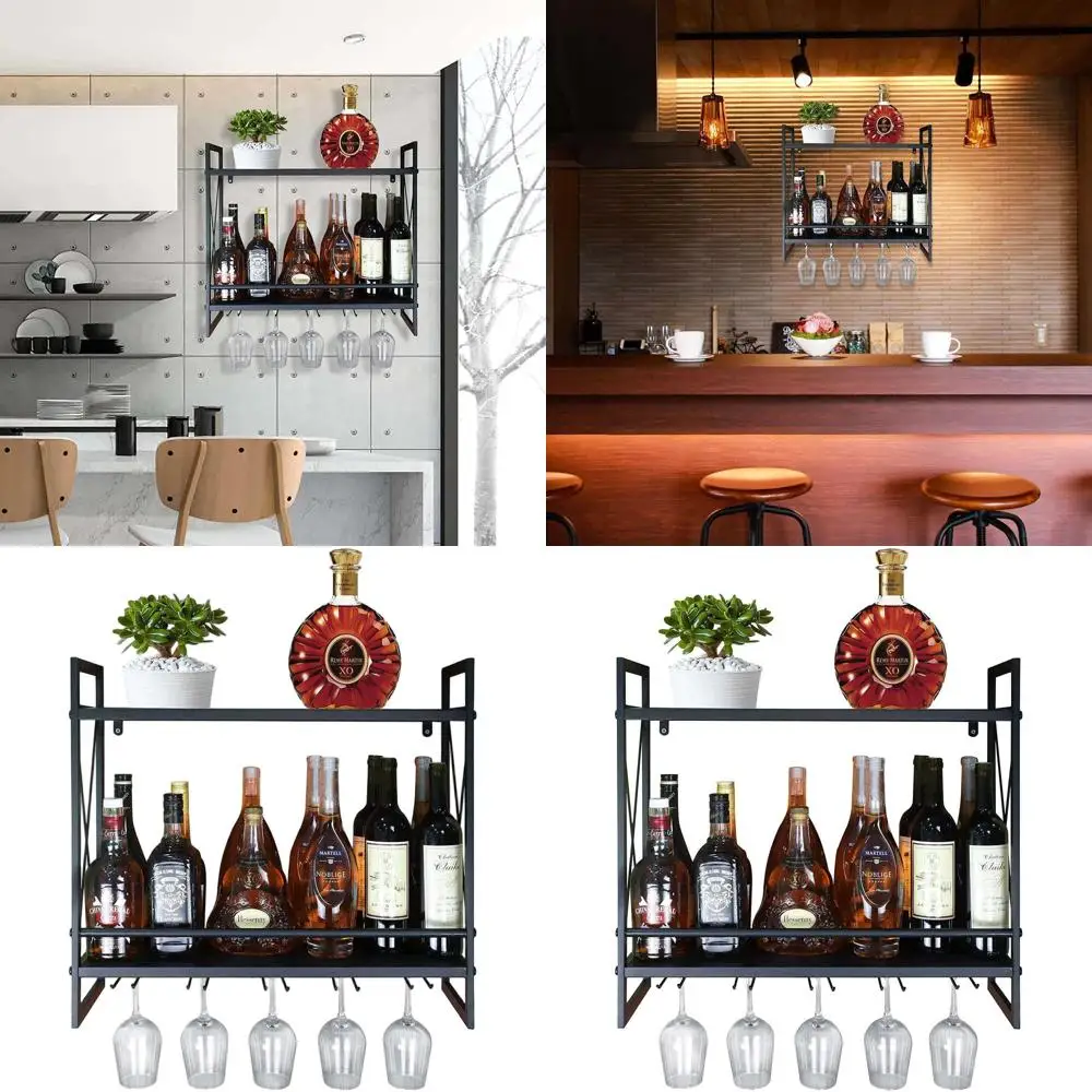 

24.2in Black Metal 2-Tier Wall-Mounted Wine and Glass Rack with Glass Holder