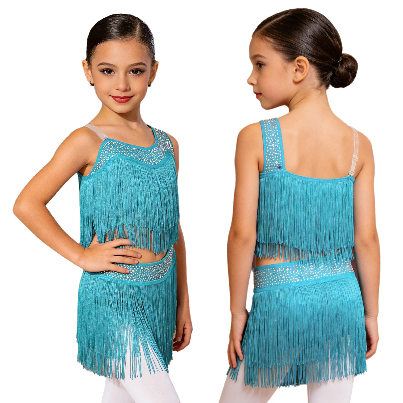 

Kids Girls Rumba Cha Cha Competition Dance Costume Shiny Rhinestone Tassel Fringe Latin Dress for Ballroom Stage Performance