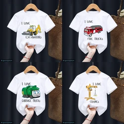 T-shirt I Love Excavators pour enfants, camions de pompiers, camions à ordures, grues, cadeau de joyeux anniversaire, vêtements pour garçons et filles, cadeau de fête