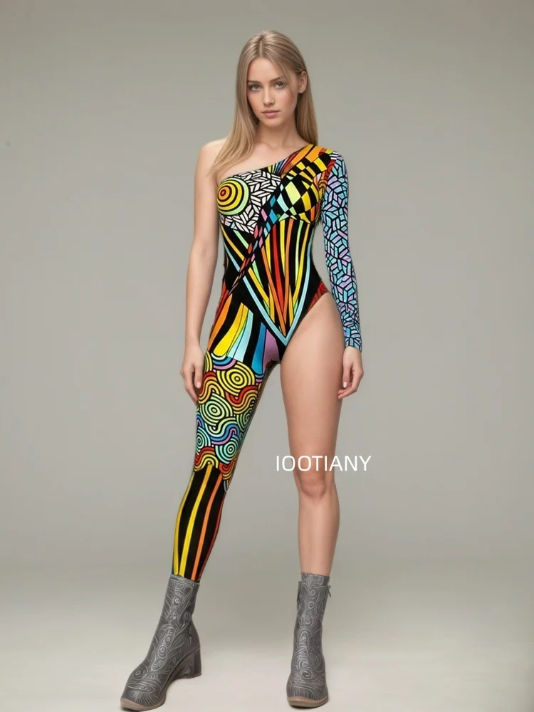 Gotischer Halloween-Skelett-Print-Bodysuit für Damen, One-Shoulder, einlanger Ärmel, asymmetrischer, enger Jumpsuit, Bühnen-Rave-Outfit – Detail 10