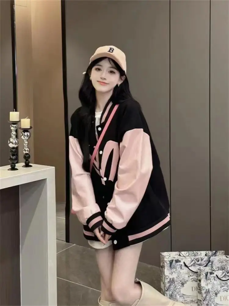 Black Baseball Jacket for Women in Spring and Autumn Versatile Design College Style Casual and Age Reducing Jacket Top