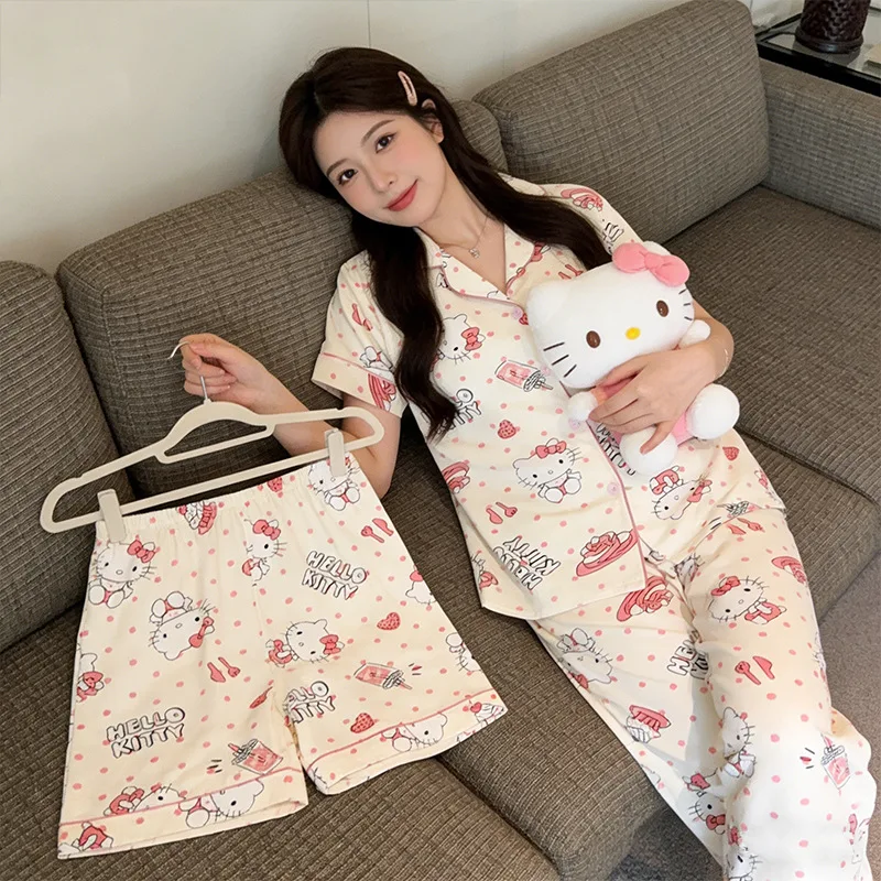 

3Pcs Hello Kitty Pajamas Set with Long Sleeve and Pants Cotton for Women Home Loungewear Cute Cartoon Sweet Print Seasonal