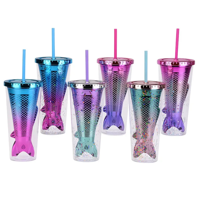 New Double Layer Plastic Straw Cup Gradient Mermaid Tail Electroplating Fish Tail Sequin Water Cup