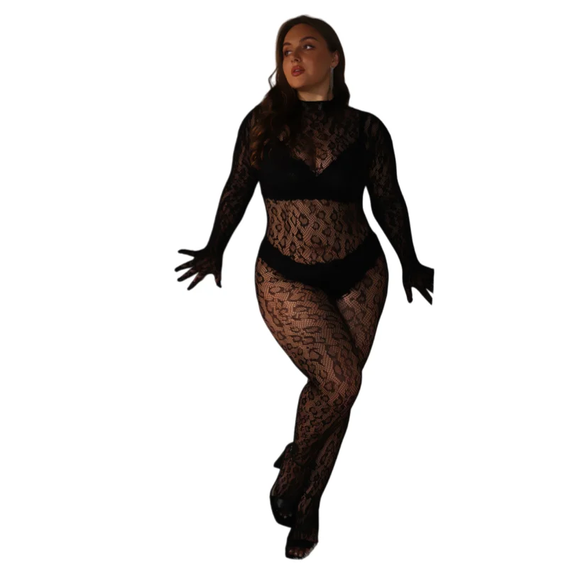 Sexy Sheer Bodysuit for Plus Size Women Open Crotch Lace Mesh Fishnet Teddy Tight Fitting Alluring Nightwear for Dates body suit
