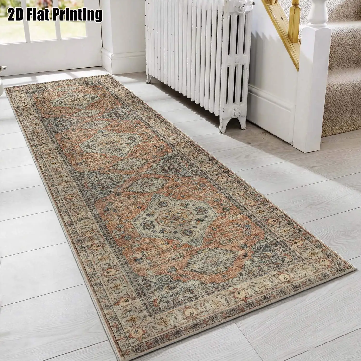1Pc 2D Printed Long Strip Rug with Retro Red-Brown Geometric Patterns Multi-Style Options, Ideal Home Decor, Multiple Sizes, Machine Washable, Suitable for Entryway, Hallway, Living Room, Bedroom.