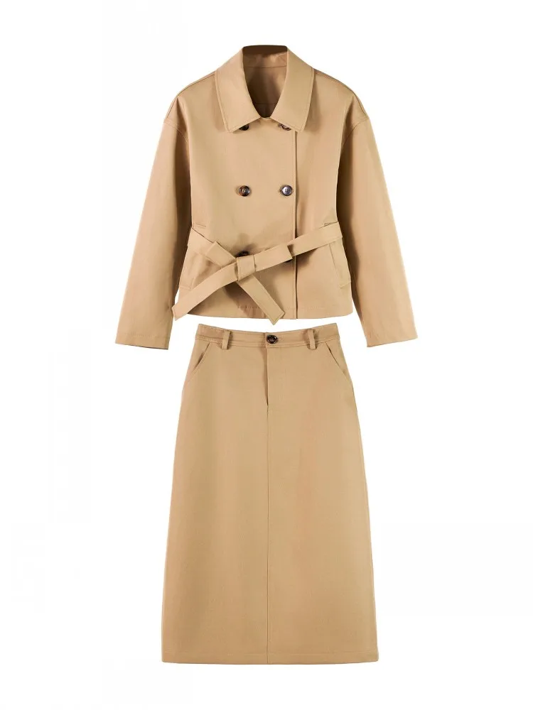 British Style Womens Khaki Short Trench Jacket Skirt Two-Piece Set Work Ladies Double Breasted Jackets Outfits Belted Coat Sets