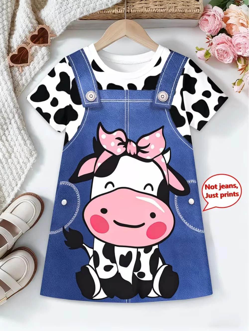 Cartoon Cow Print Summer Girls' 2-in-1 Look Imitation Denim Dress Animal Graphic Short Sleeve Dress Fashion Casual Girl Clothes