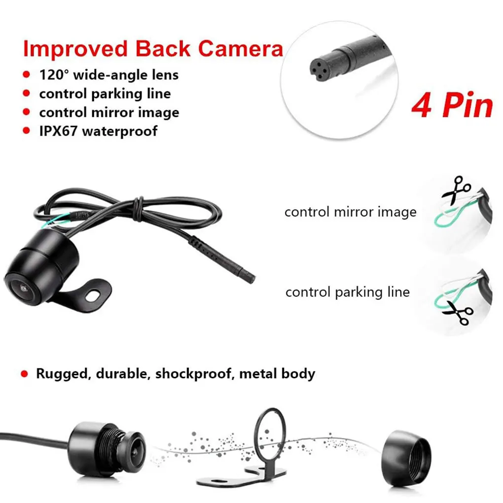 Câmera de backup ABS 4PIN com monitor de carro Câmera de visão traseira Câmera de backup de 4,3 polegadas