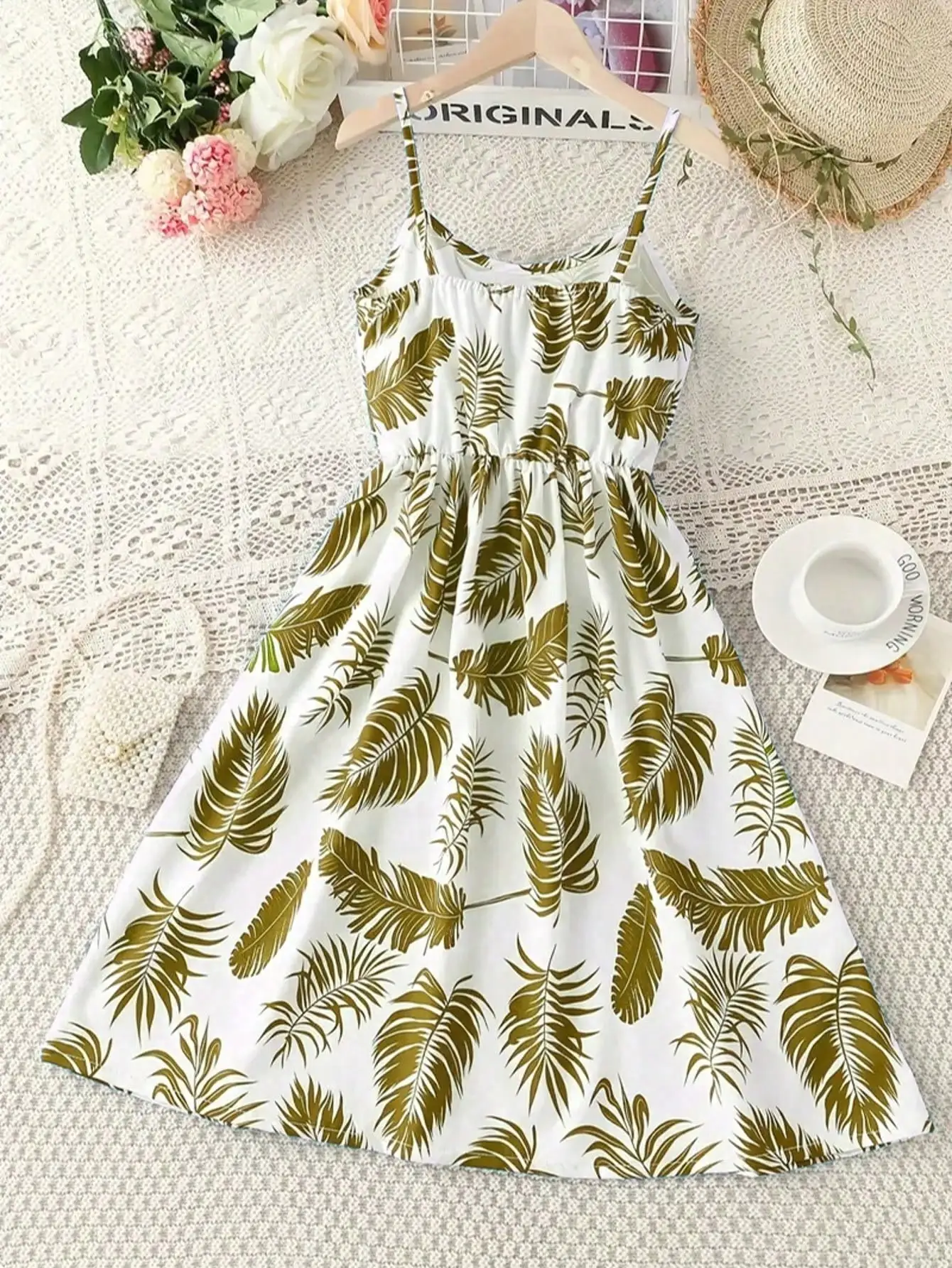 Sommer-Jumpsuit für Mädchen mit Blättermuster - Lässiger Stretch-Polyester-Mix, Schulterfreies Design, Knielang, Strandrock – Detail 8
