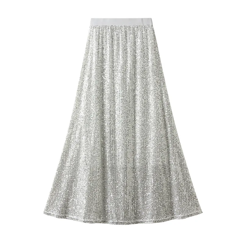 2023 Fashion Women's Summer Midi Skirt Slim A-line Skirt High Waist Elastic Band Sequins Skirt