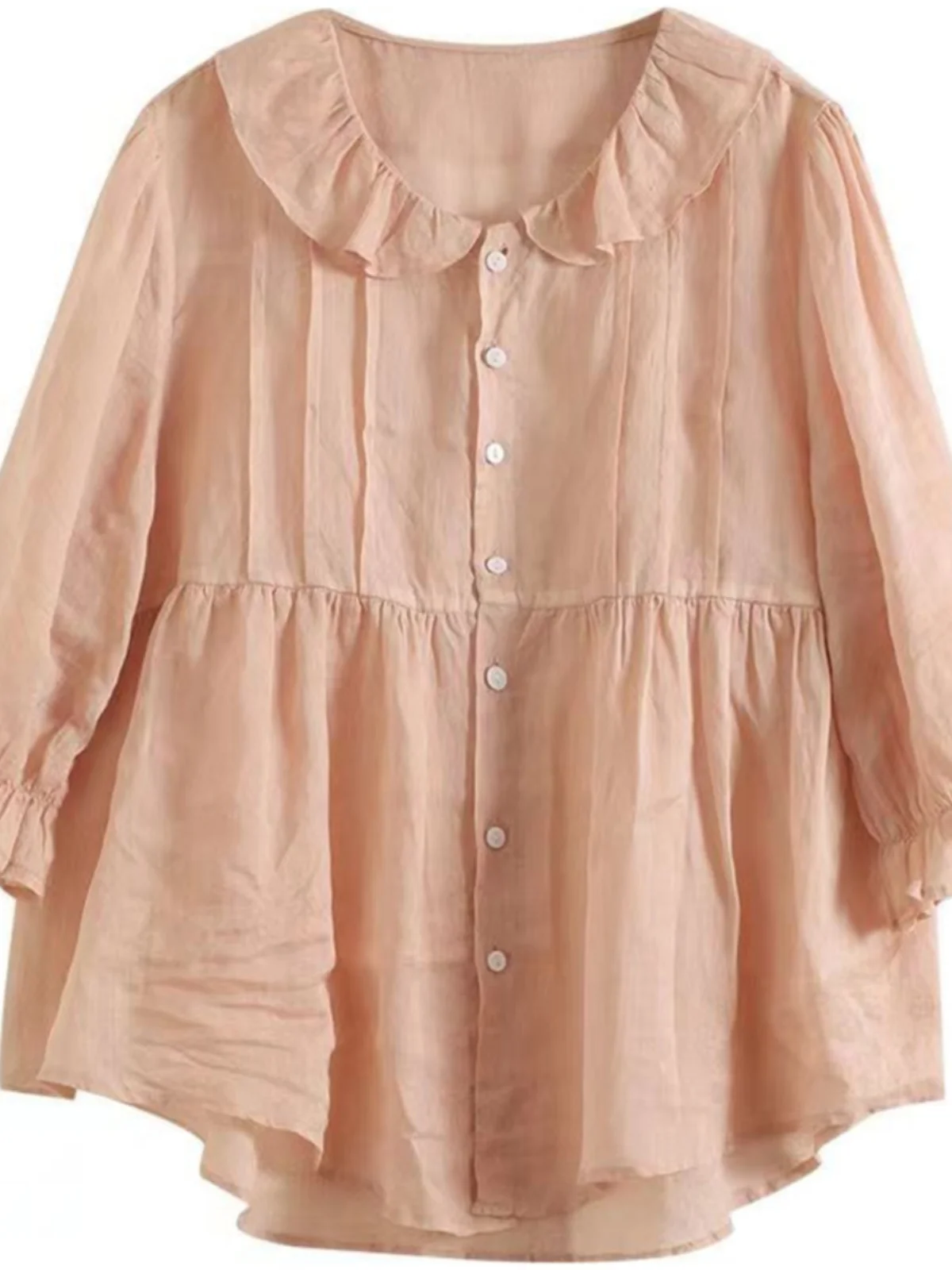 Baumwoll-Leinen ort Sve irt Damen-Oberteil mit lockerem Puppenkragen und einem Knopf, faionable, bequem, atmungsaktiv, Sommer-Irt